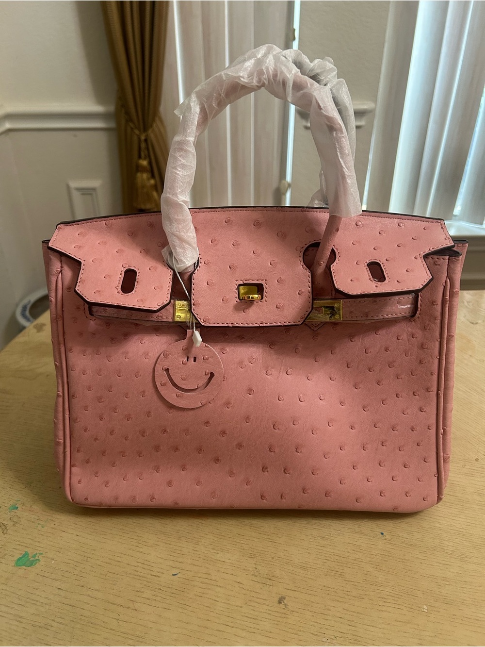 Pink Ostrich-Texture Top-Handle Bag UNBRANDED BIRKIN STYLE